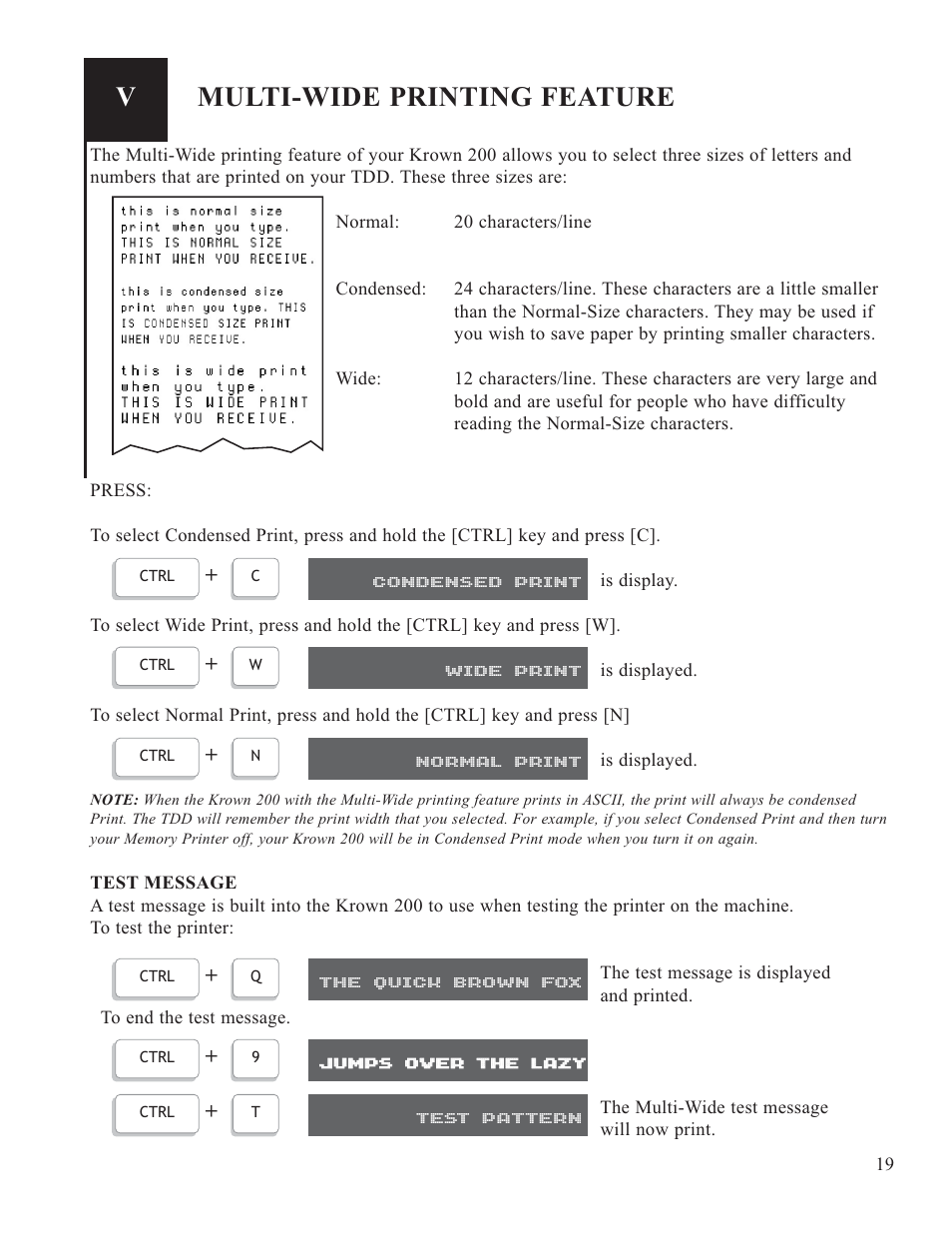 Multi-wide printing feature, Condensed print, Wide print | Normal print, The quick brown fox, Jju um mp ps s o ov ve er r t th he e l la az zy y, Test pattern | Krown Manufacturing 200 User Manual | Page 21 / 37