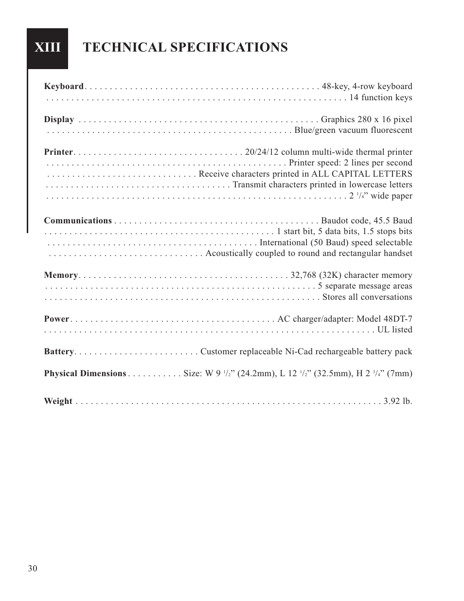 Xiii, Technical specifications | Krown Manufacturing 200 User Manual | Page 32 / 37