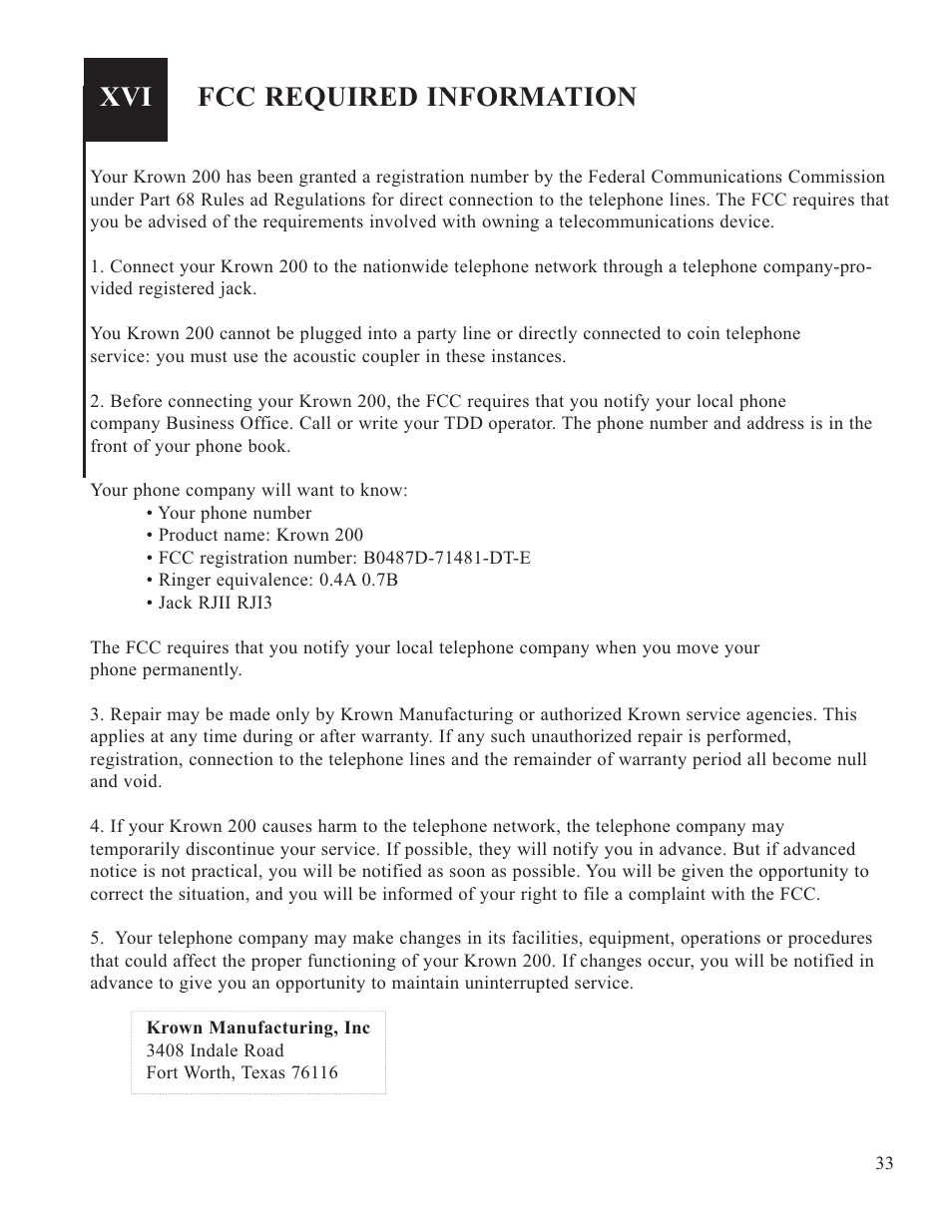 Fcc required information | Krown Manufacturing 200 User Manual | Page 35 / 37