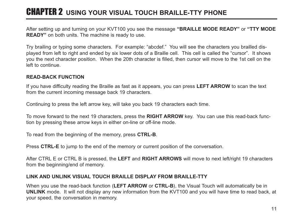 Chapter 2, Using your visual touch braille-tty phone | Krown Manufacturing KVT100 User Manual | Page 13 / 34