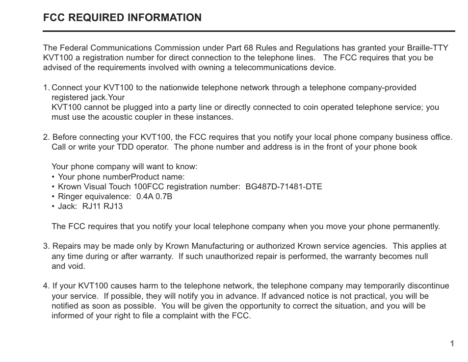 Fcc required information | Krown Manufacturing KVT100 User Manual | Page 3 / 34