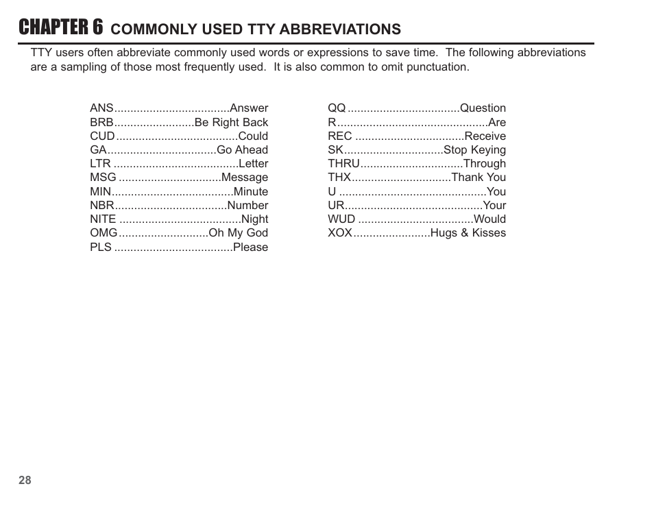 Chapter 6, Commonly used tty abbreviations | Krown Manufacturing KVT100 User Manual | Page 30 / 34