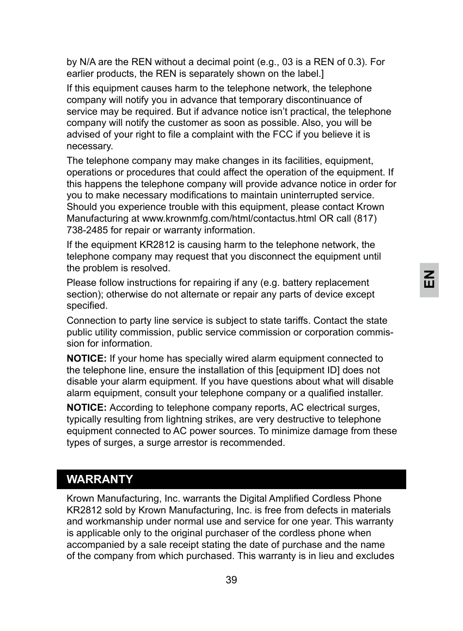 Krown Manufacturing KR2812 User Manual | Page 39 / 40