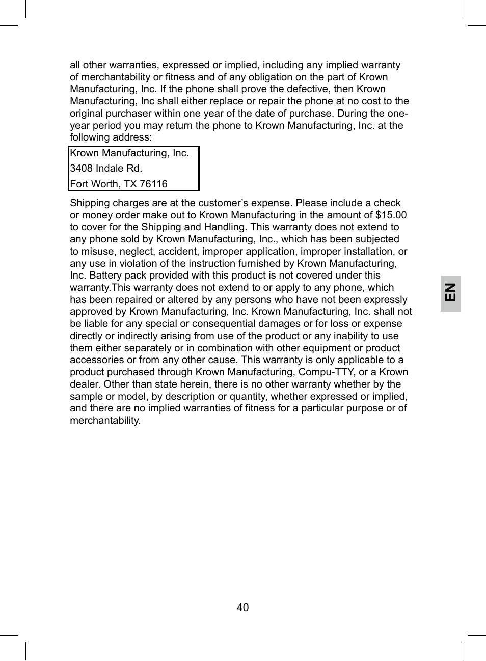 Krown Manufacturing KR2812 User Manual | Page 40 / 40