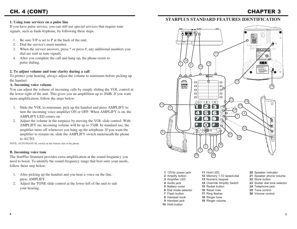 Ch. 4 (cont) chapter 3, Starplus standard features identification | Krown Manufacturing Starplus Standard Amplified Speaker Telephone User Manual | Page 10 / 16