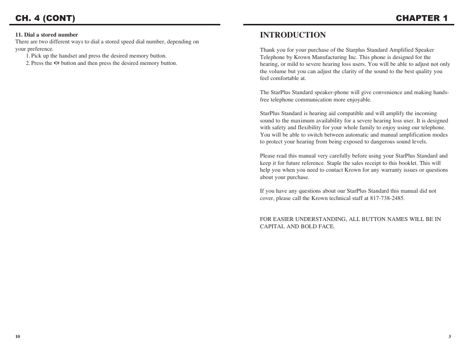 Introduction, Ch. 4 (cont) chapter 1 | Krown Manufacturing Starplus Standard Amplified Speaker Telephone User Manual | Page 12 / 16