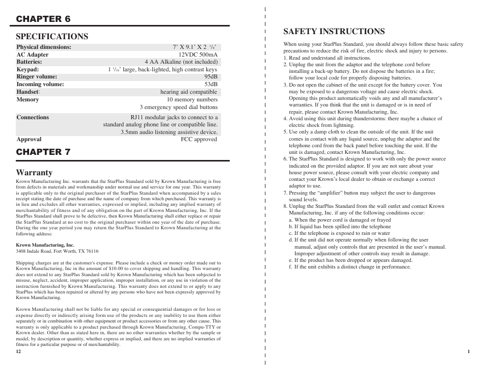 Chapter 6 specifications, Chapter 7 warranty, Safety instructions | Krown Manufacturing Starplus Standard Amplified Speaker Telephone User Manual | Page 14 / 16