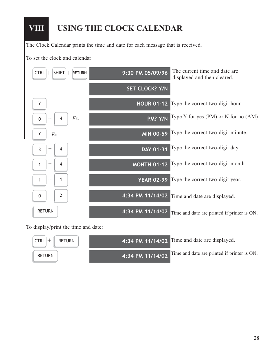 Viii, Using the clock calendar | Krown Manufacturing Model Krown 100 User Manual | Page 31 / 44