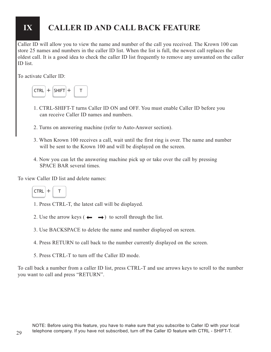 Caller id and call back feature | Krown Manufacturing Model Krown 100 User Manual | Page 32 / 44