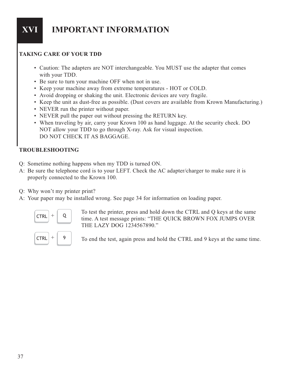 Important information | Krown Manufacturing Model Krown 100 User Manual | Page 40 / 44