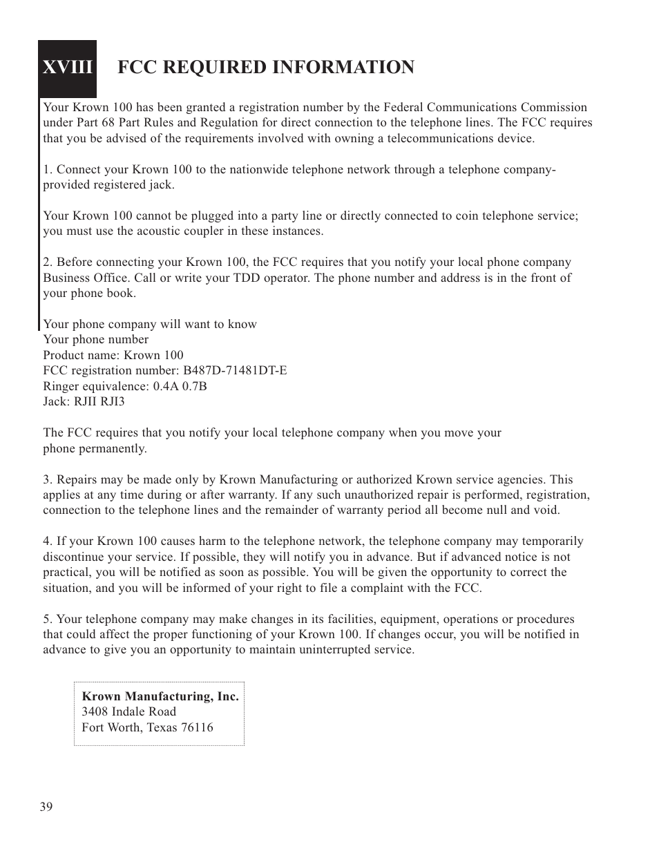 Xviii, Fcc required information | Krown Manufacturing Model Krown 100 User Manual | Page 42 / 44