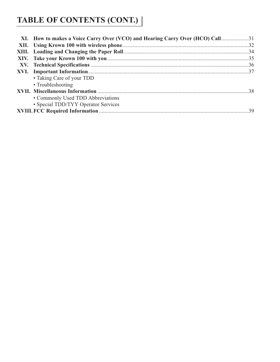 Table of contents (cont.) | Krown Manufacturing Model Krown 100 User Manual | Page 6 / 44