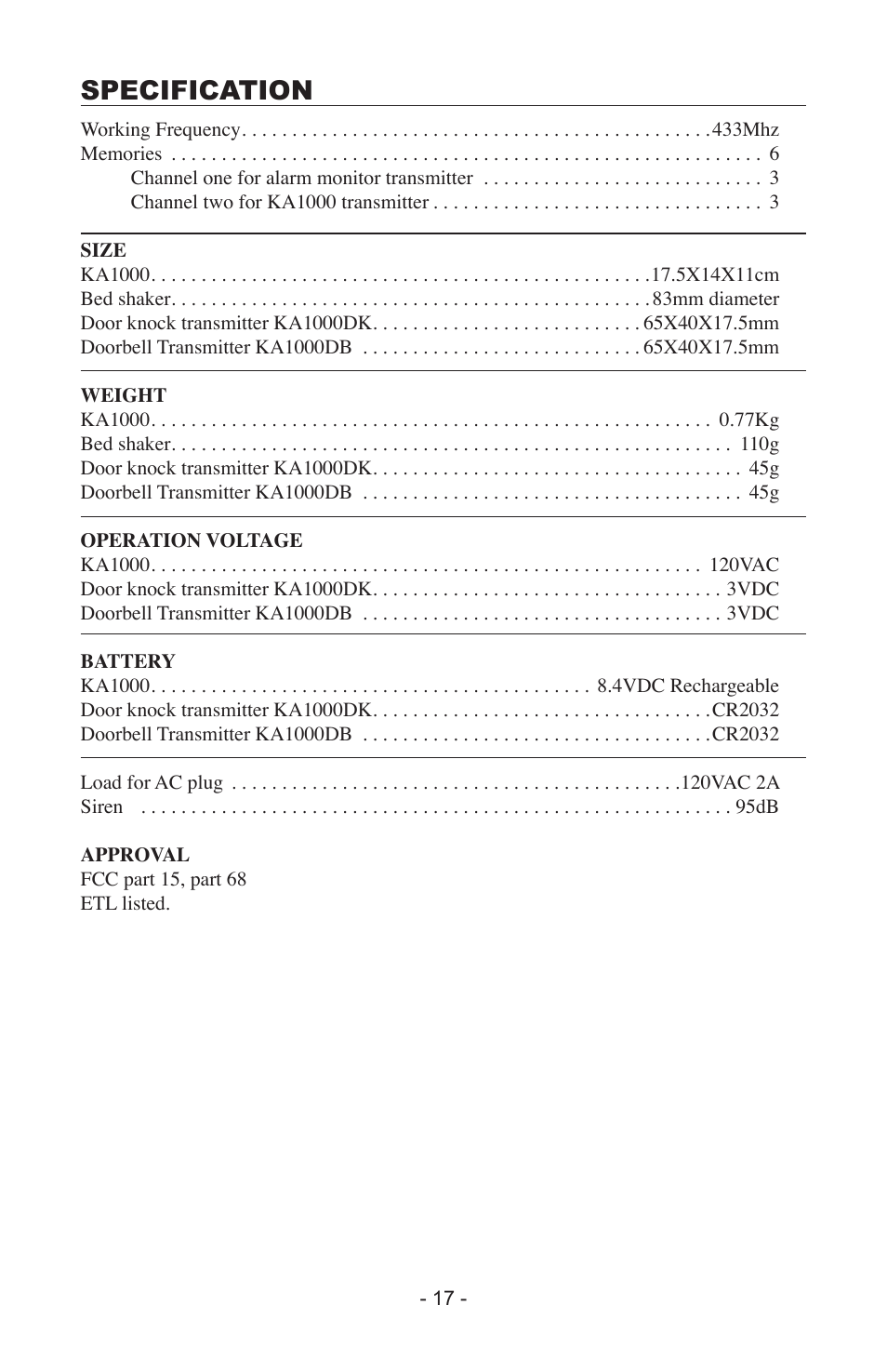 Specification | Krown Manufacturing KA1000 User Manual | Page 17 / 20