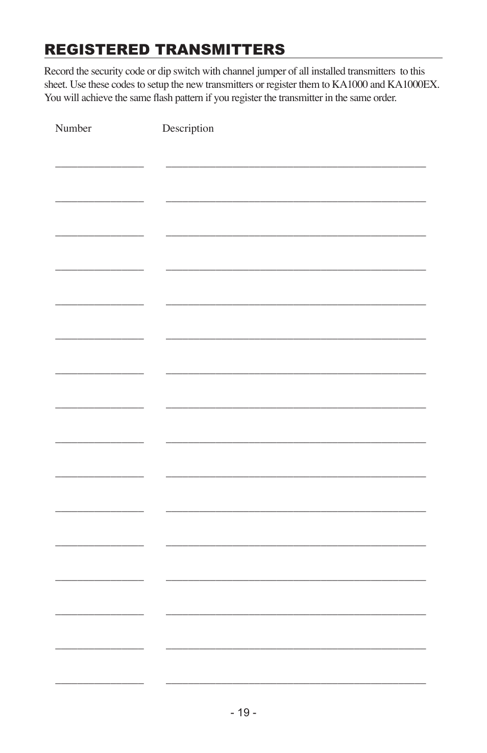 Registered transmitters | Krown Manufacturing KA1000 User Manual | Page 19 / 20