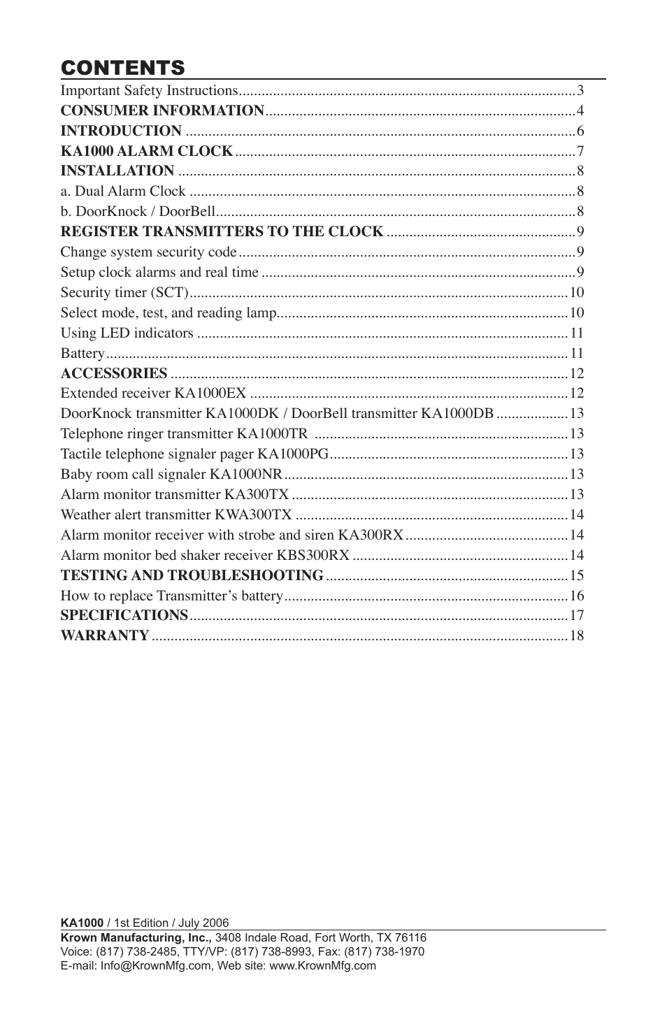 Krown Manufacturing KA1000 User Manual | Page 2 / 20
