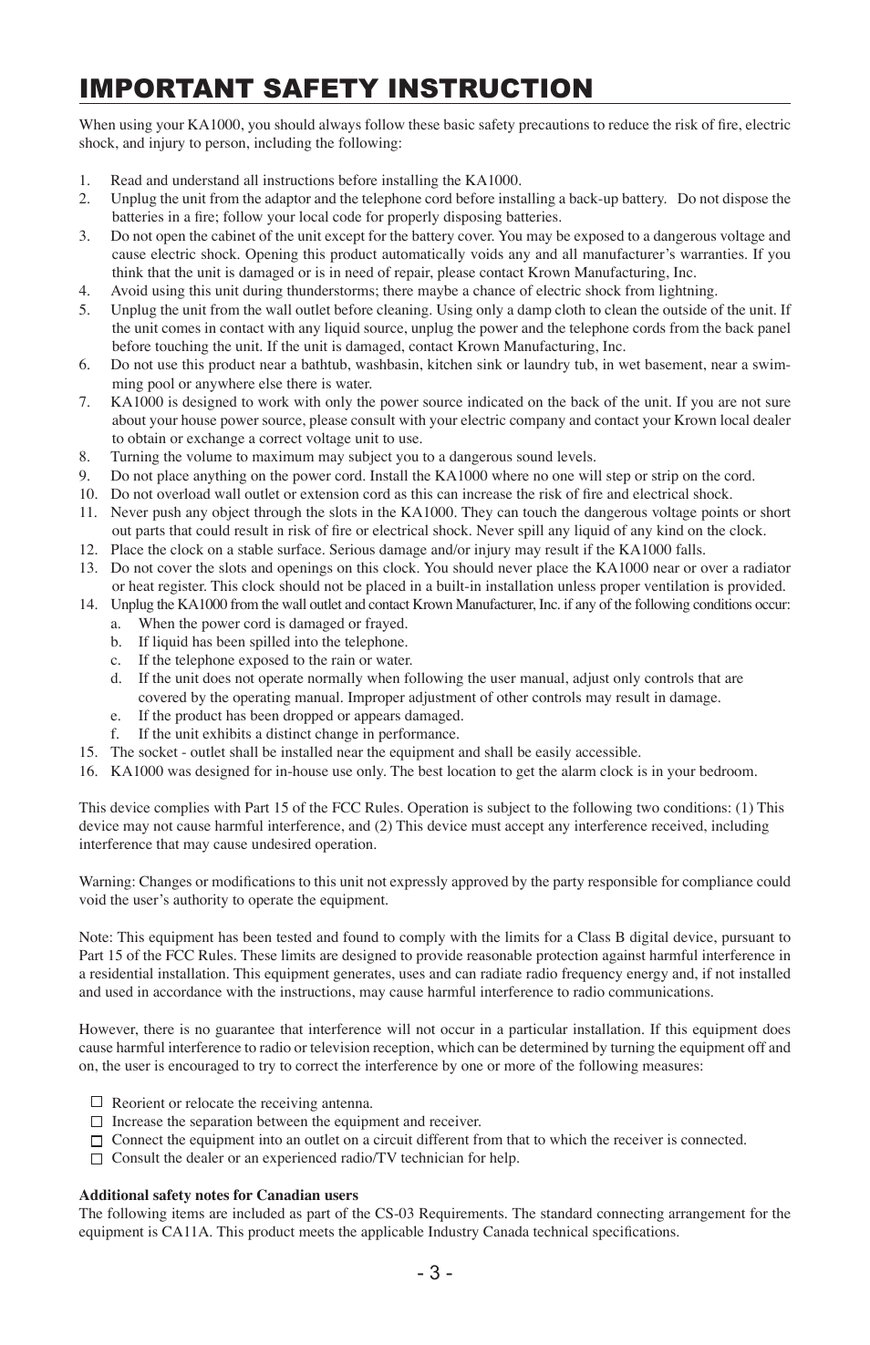 Important safety instruction | Krown Manufacturing KA1000 User Manual | Page 3 / 20