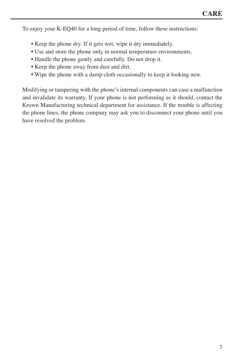 Care | Krown Manufacturing K-EQ40 User Manual | Page 9 / 12