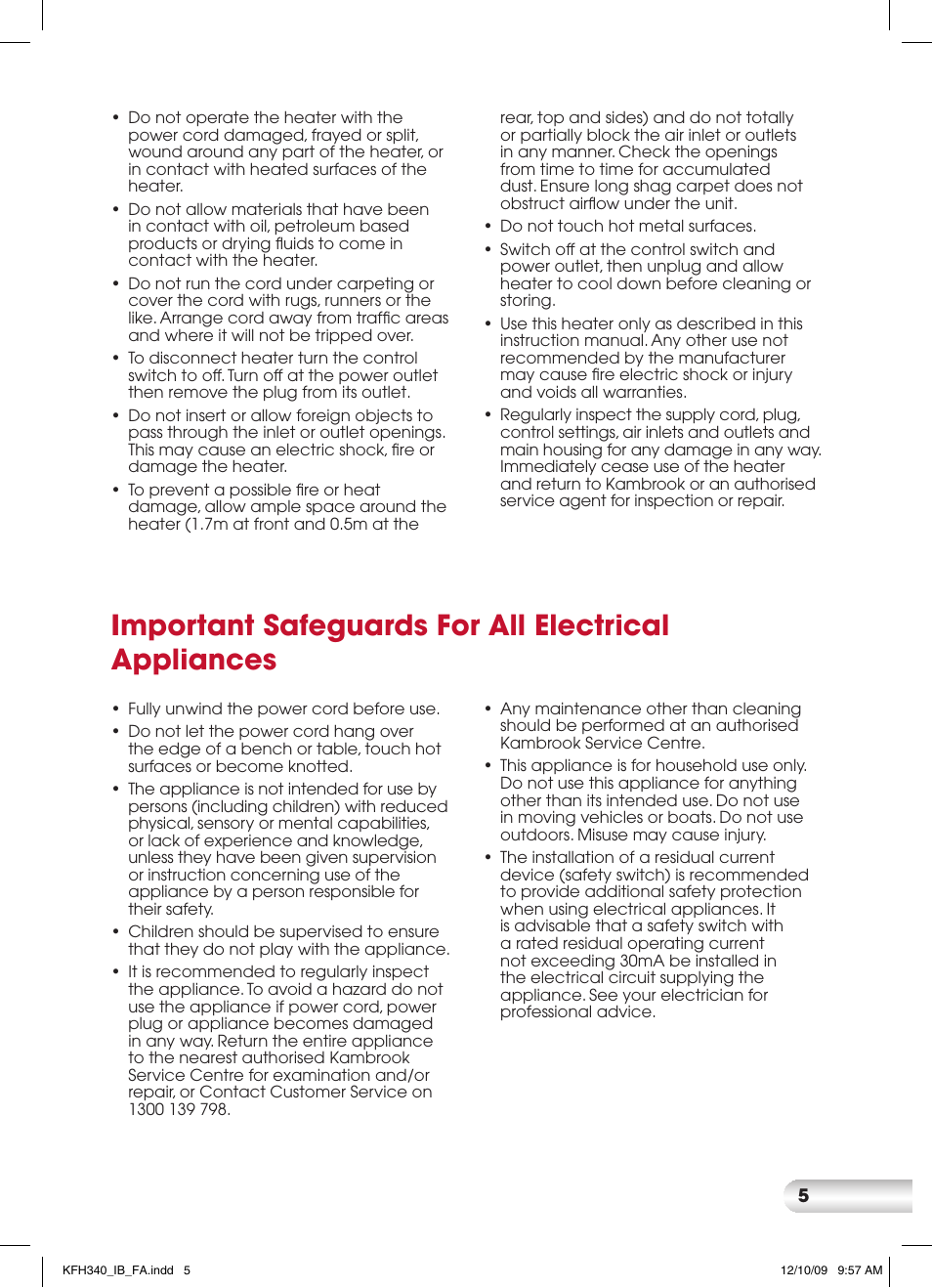 Important safeguards for all electrical appliances | Kambrook KFH340 User Manual | Page 5 / 12