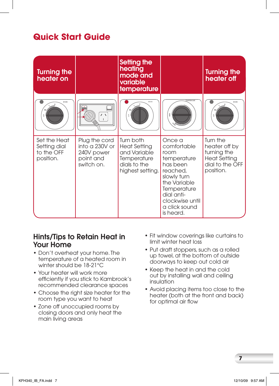 Quick start guide, Hints/tips to retain heat in your home | Kambrook KFH340 User Manual | Page 7 / 12