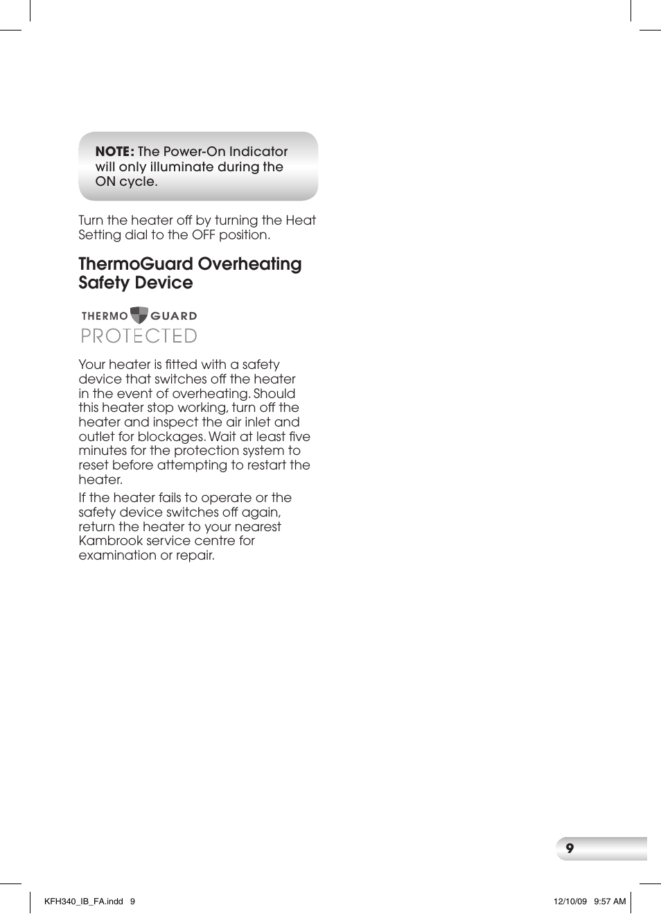 Thermoguard overheating safety device | Kambrook KFH340 User Manual | Page 9 / 12