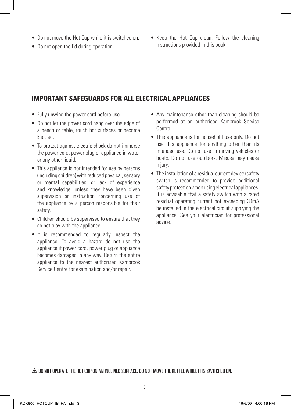 Important safeguards for all electrical appliances | Kambrook KQK600 User Manual | Page 3 / 8