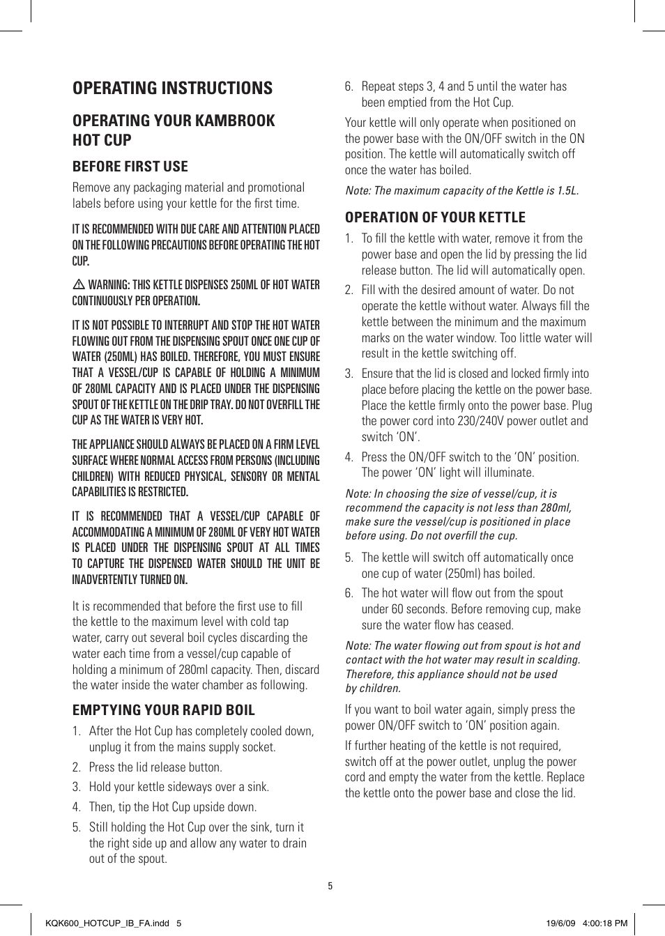 Operating instructions, Operating your kambrook hot cup | Kambrook KQK600 User Manual | Page 5 / 8