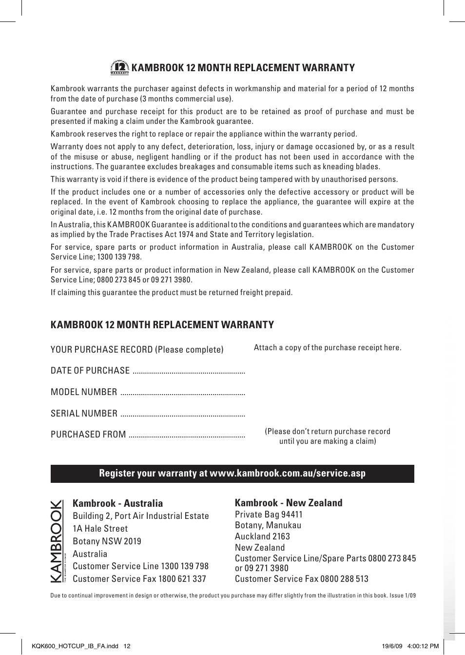 Kambrook 12 month replacement warranty, Kambrook - new zealand | Kambrook KQK600 User Manual | Page 8 / 8