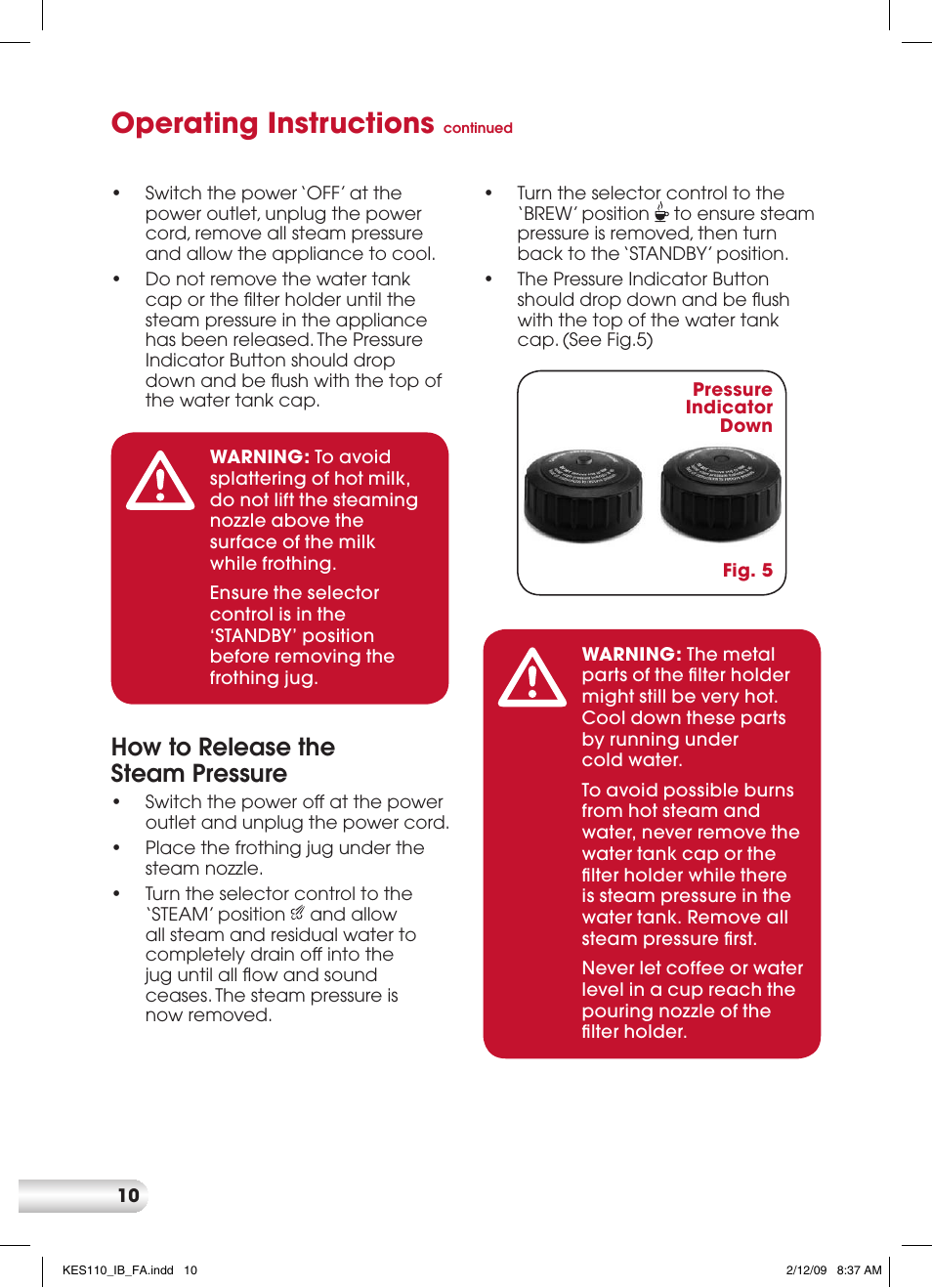 Operating instructions, How to release the steam pressure | Kambrook EASY STEP KES110 User Manual | Page 10 / 20