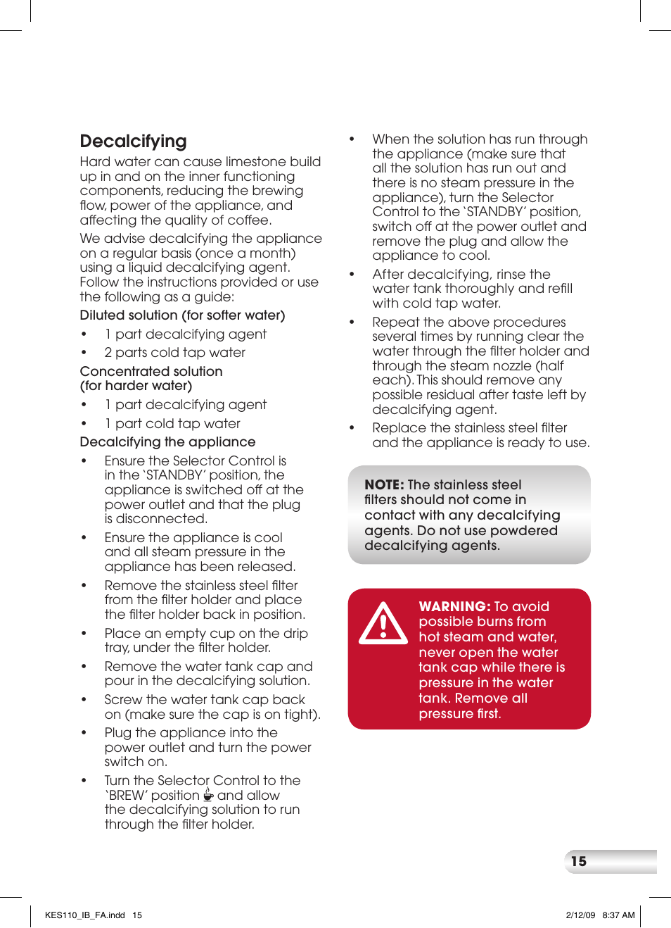 Decalcifying | Kambrook EASY STEP KES110 User Manual | Page 15 / 20