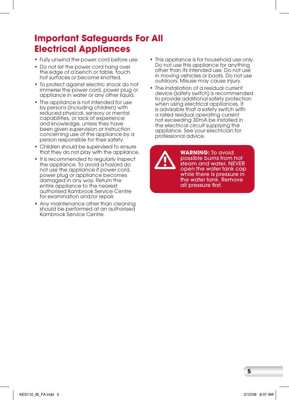 Important safeguards for all electrical appliances | Kambrook EASY STEP KES110 User Manual | Page 5 / 20