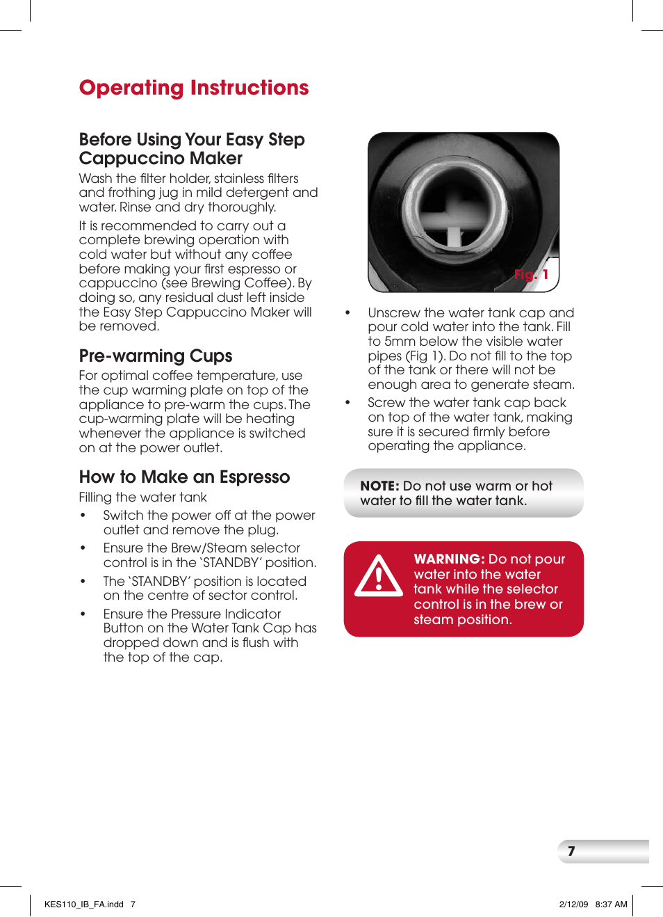 Operating instructions, Before using your easy step cappuccino maker, Pre-warming cups | How to make an espresso | Kambrook EASY STEP KES110 User Manual | Page 7 / 20