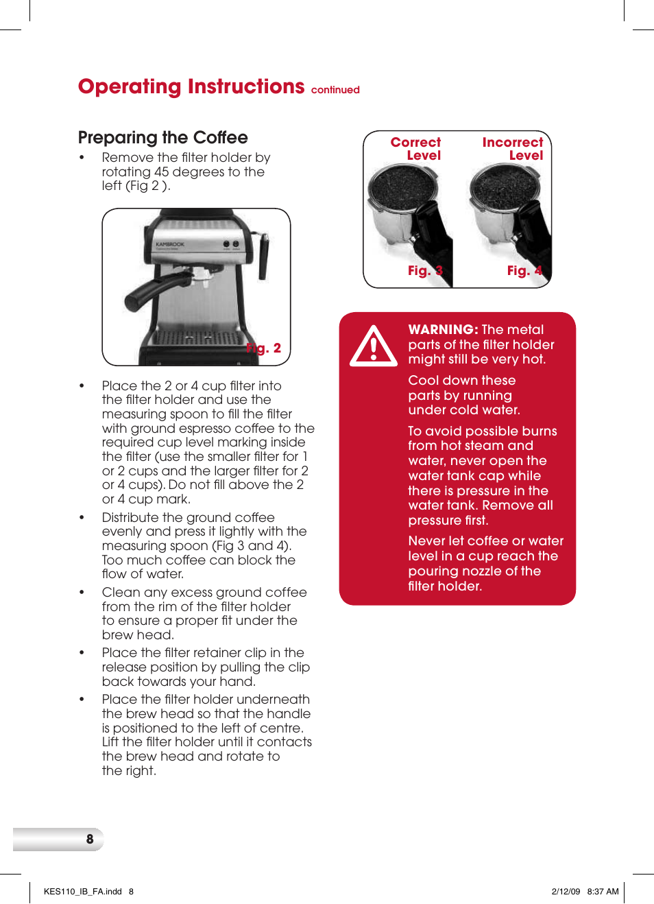 Operating instructions, Preparing the coffee | Kambrook EASY STEP KES110 User Manual | Page 8 / 20