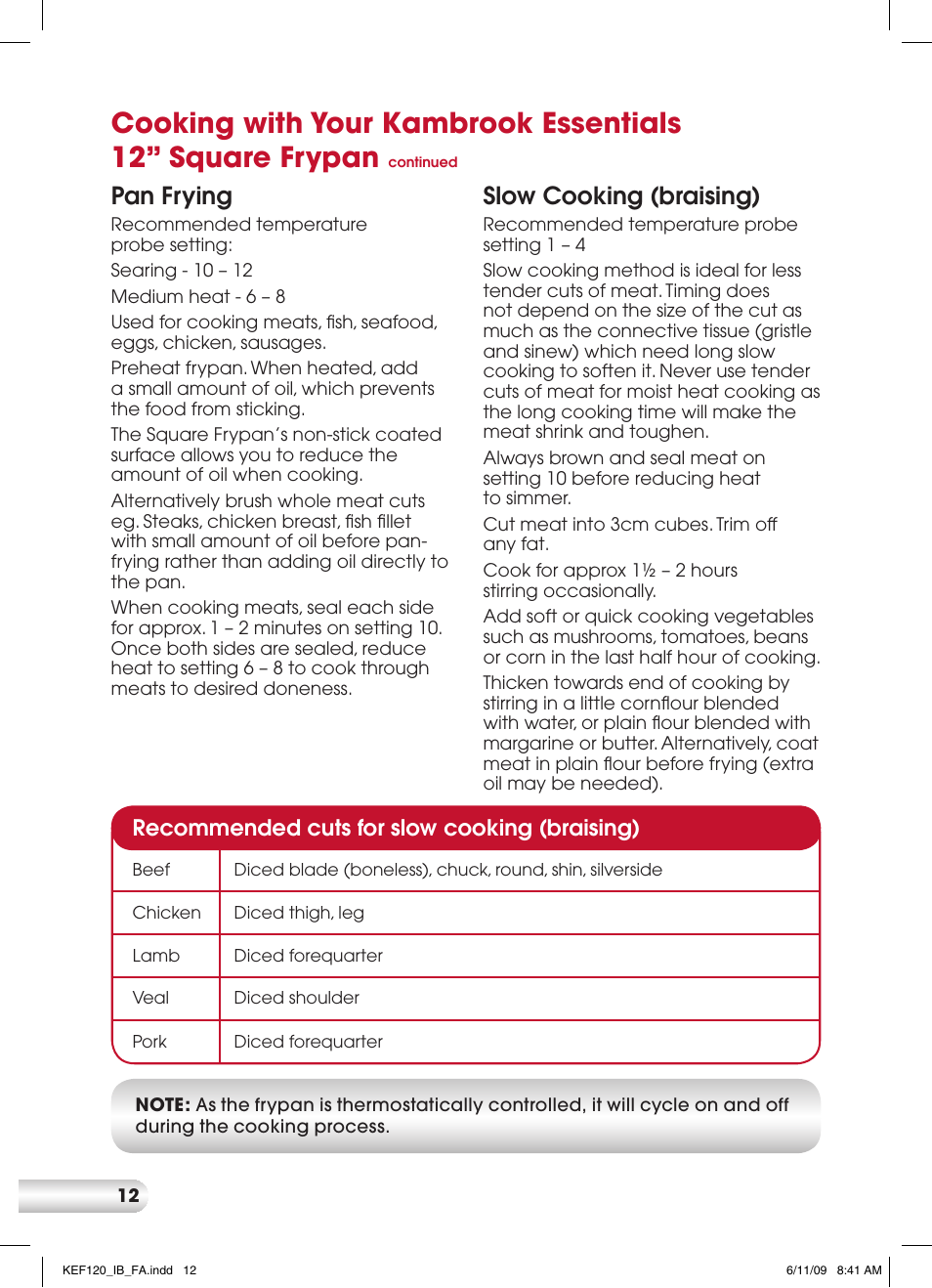 Pan frying, Slow cooking (braising), Recommended cuts for slow cooking (braising) | Kambrook ESSENTIALS KEF120 User Manual | Page 12 / 24