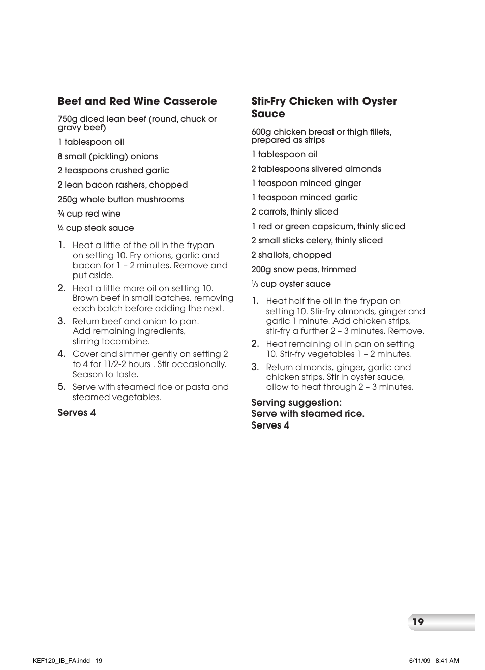 Beef and red wine casserole, Stir-fry chicken with oyster sauce | Kambrook ESSENTIALS KEF120 User Manual | Page 19 / 24