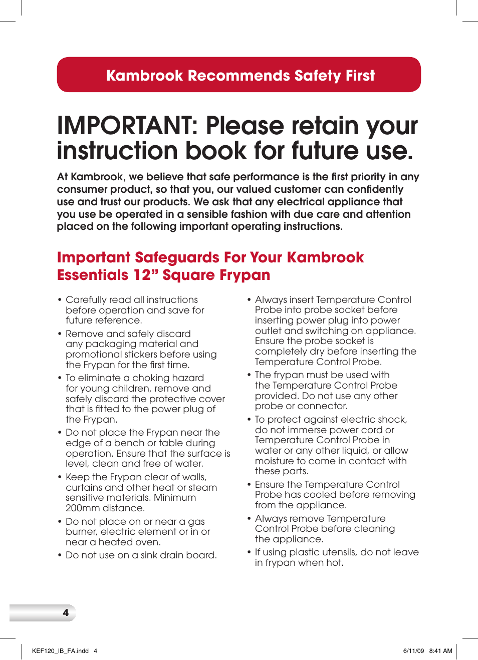 Kambrook recommends safety first | Kambrook ESSENTIALS KEF120 User Manual | Page 4 / 24