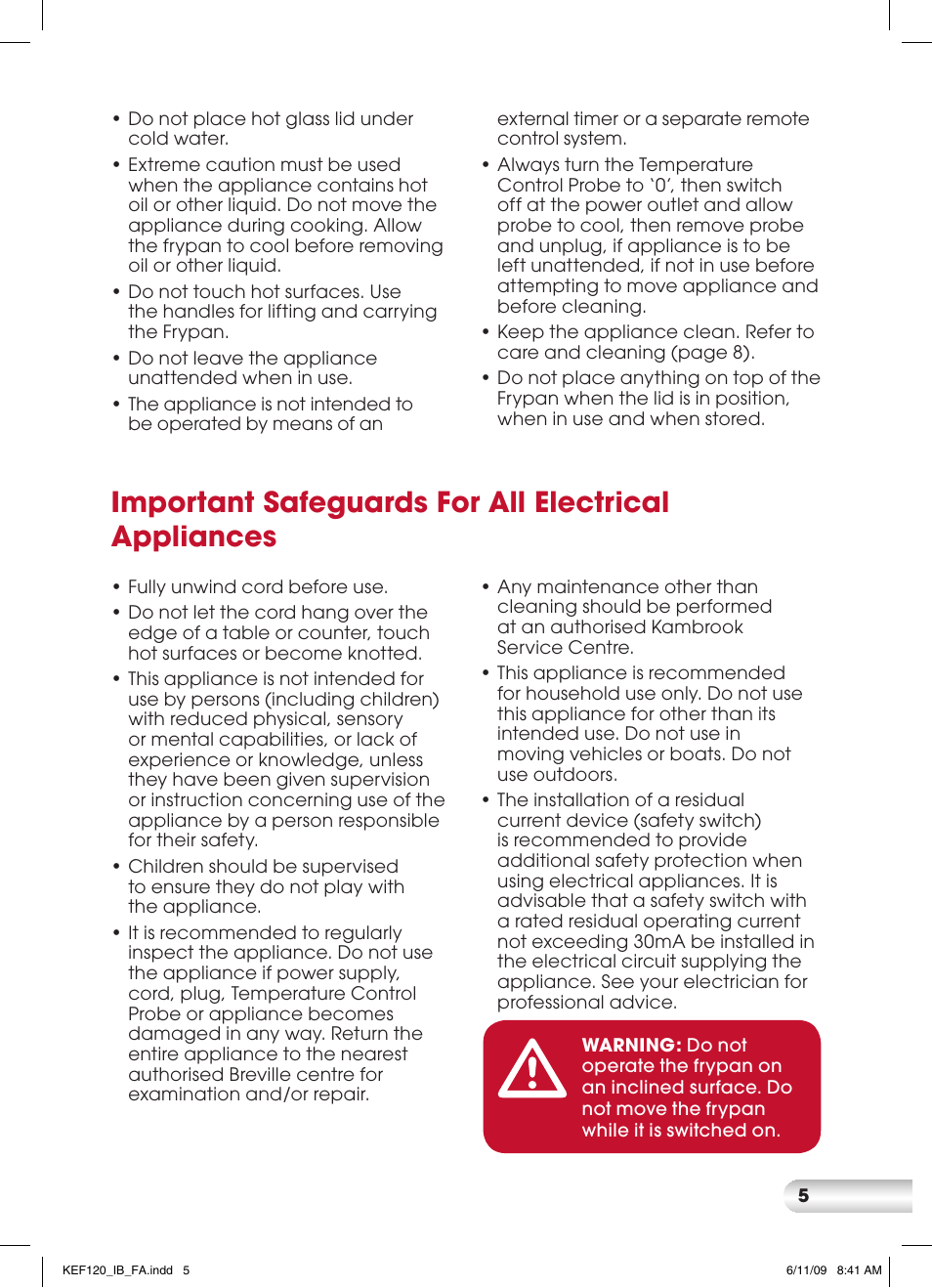 Important safeguards for all electrical appliances | Kambrook ESSENTIALS KEF120 User Manual | Page 5 / 24