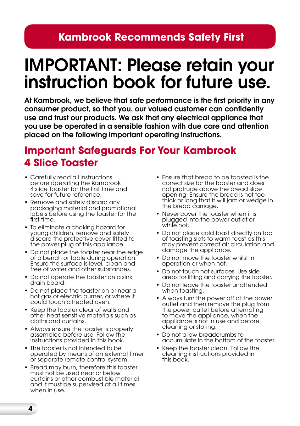 Kambrook recommends safety first | Kambrook KT420 User Manual | Page 4 / 12