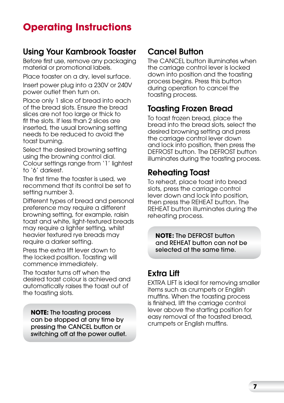 Operating instructions, Using your kambrook toaster, Cancel button | Toasting frozen bread, Reheating toast, Extra lift | Kambrook KT420 User Manual | Page 7 / 12