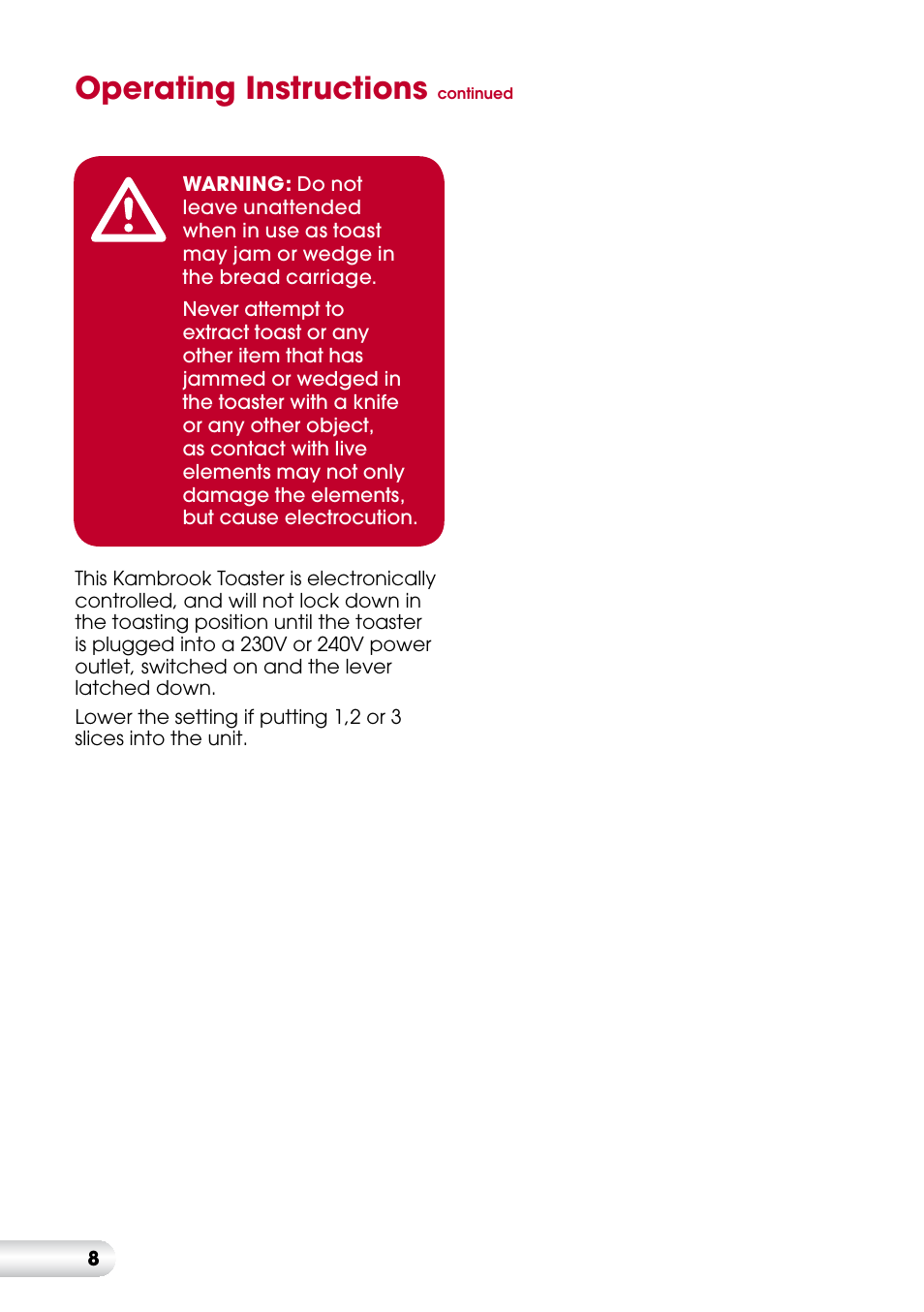 Operating instructions | Kambrook KT420 User Manual | Page 8 / 12