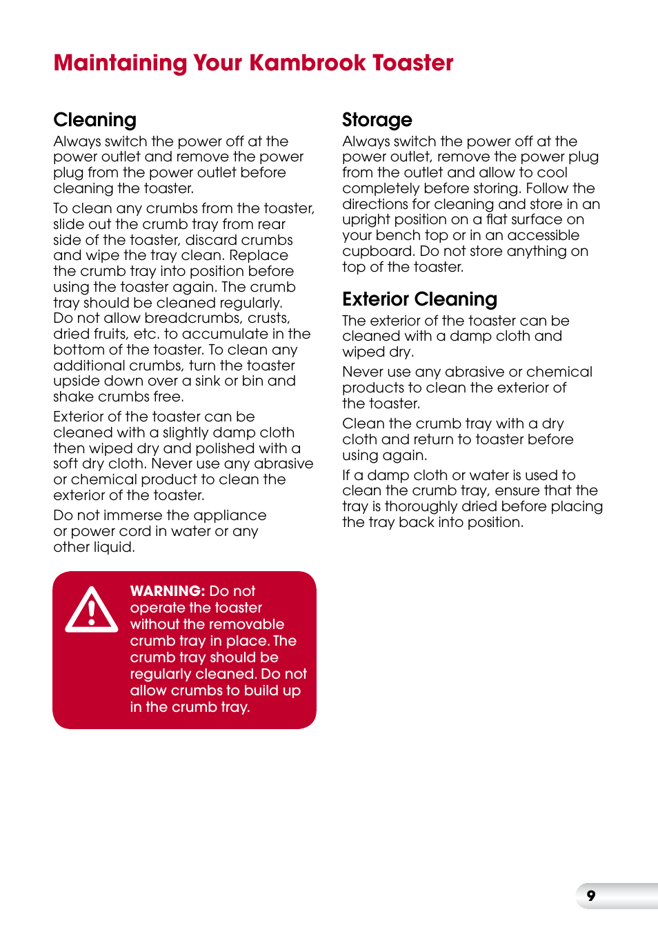 Maintaining your kambrook toaster, Cleaning, Storage | Exterior cleaning | Kambrook KT420 User Manual | Page 9 / 12