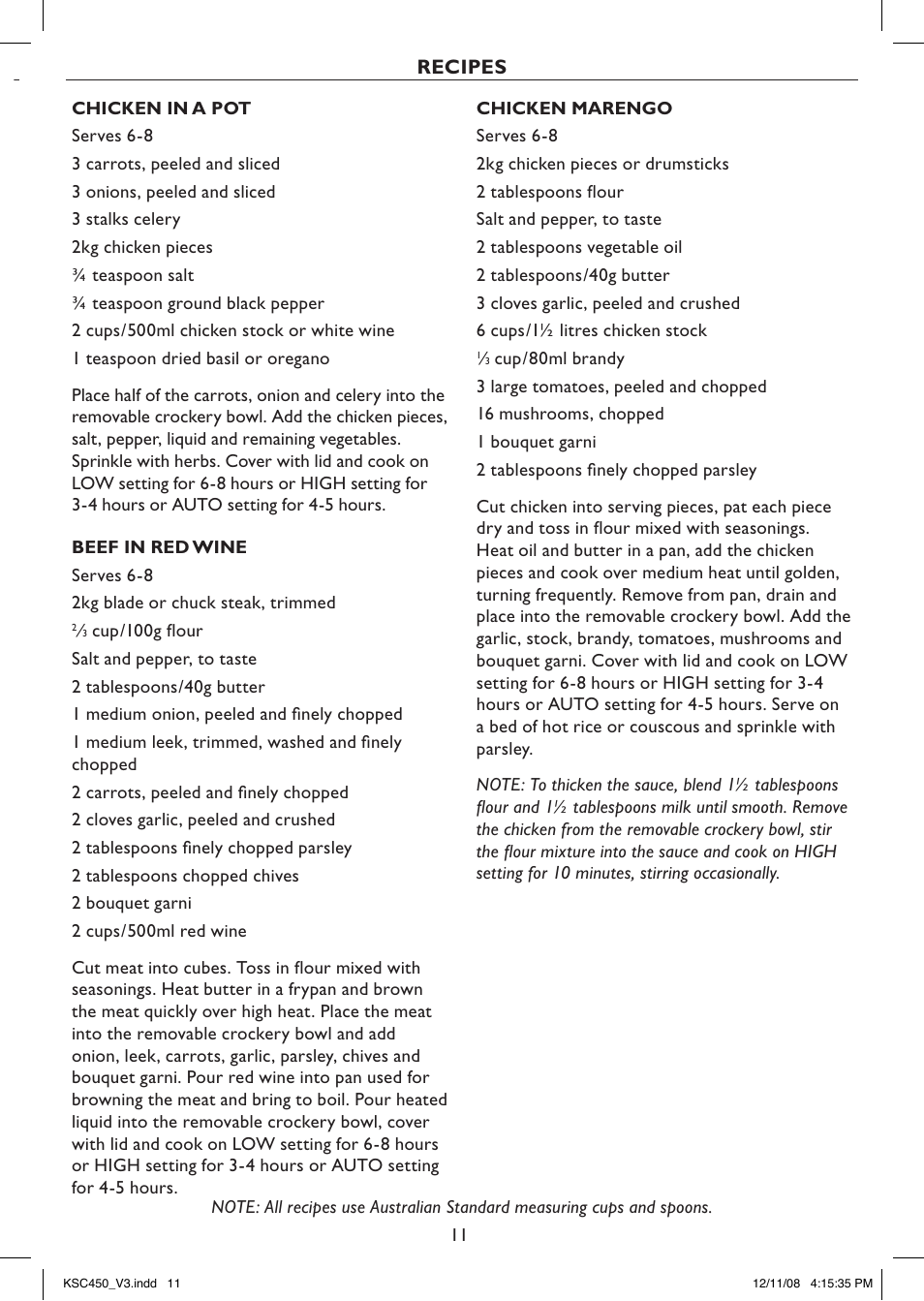 Recipes | Kambrook PROFILE KSC450 User Manual | Page 11 / 20