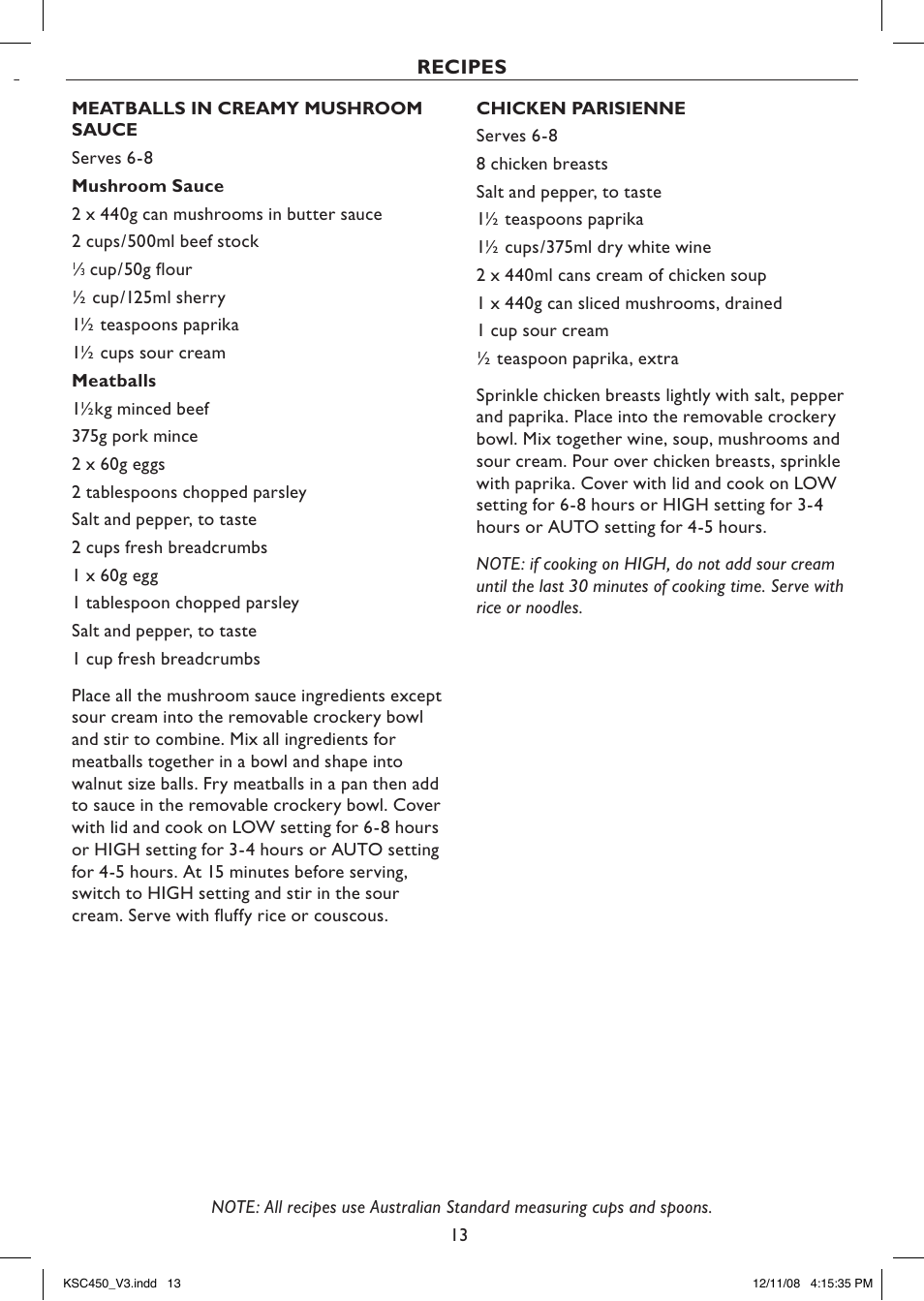 Recipes | Kambrook PROFILE KSC450 User Manual | Page 13 / 20