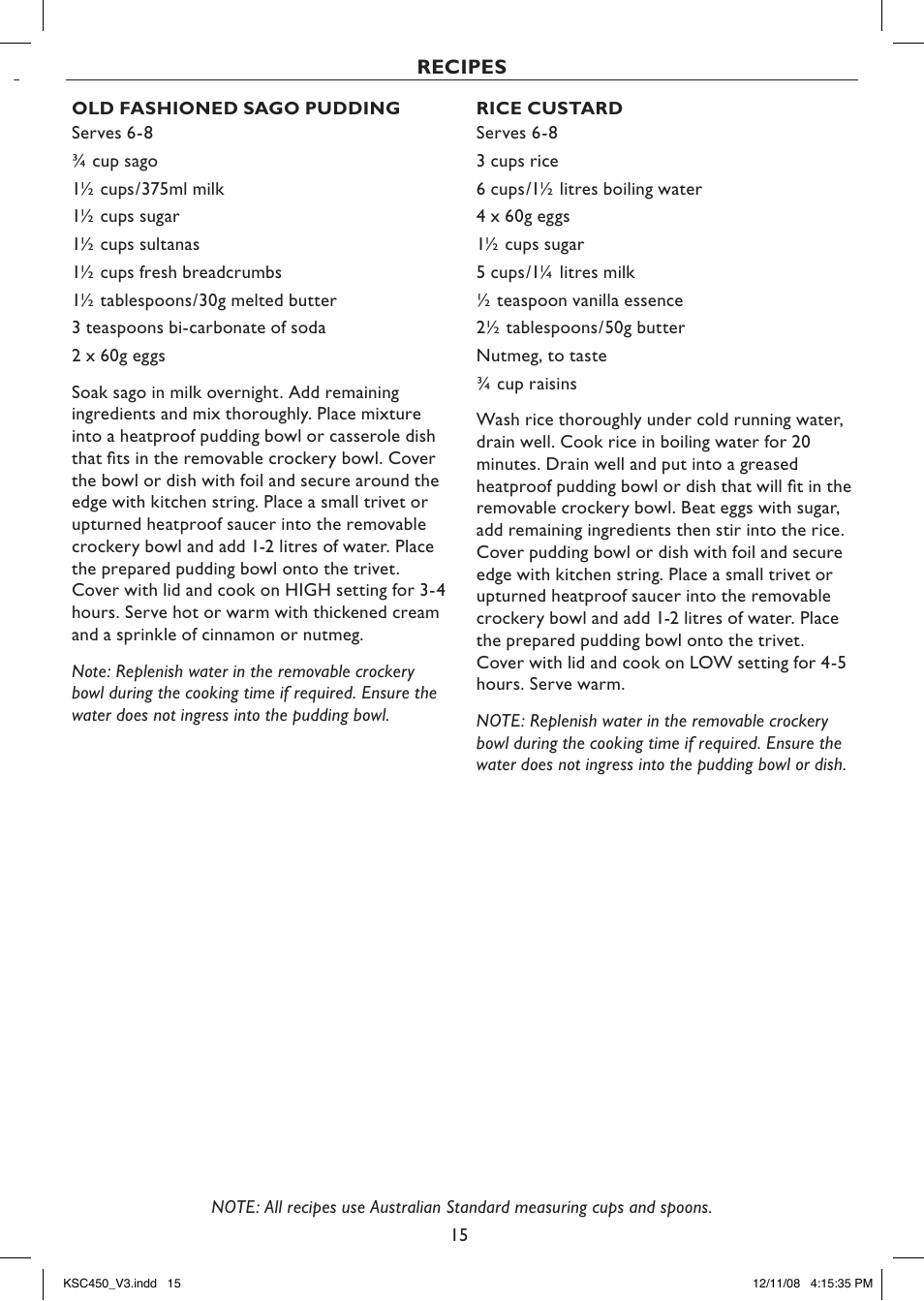 Recipes | Kambrook PROFILE KSC450 User Manual | Page 15 / 20