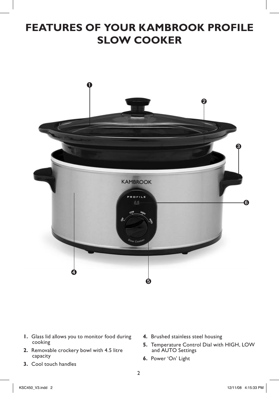 Features of your kambrook profile slow cooker | Kambrook PROFILE KSC450 User Manual | Page 2 / 20