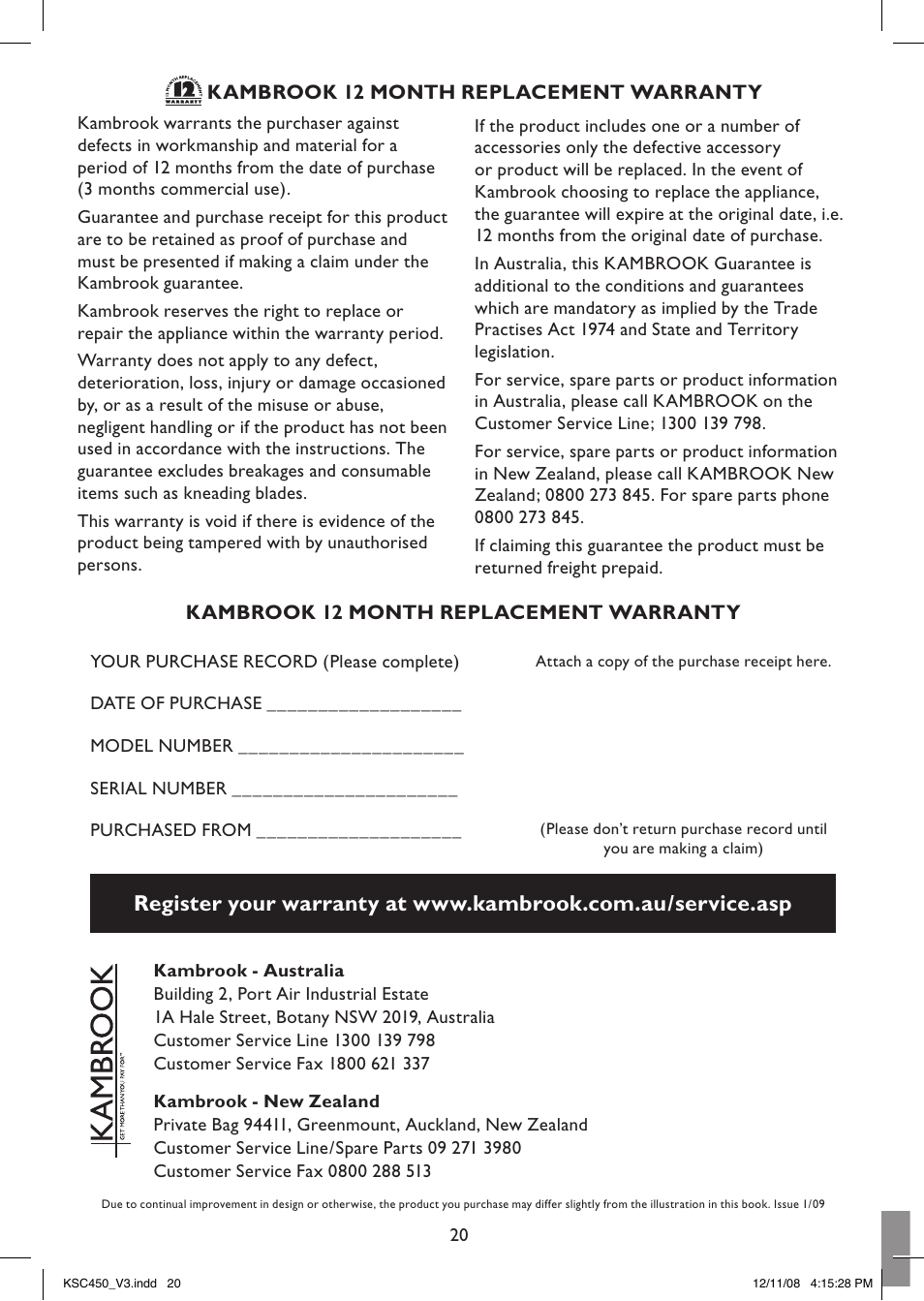 Kambrook 12 month replacement warranty | Kambrook PROFILE KSC450 User Manual | Page 20 / 20