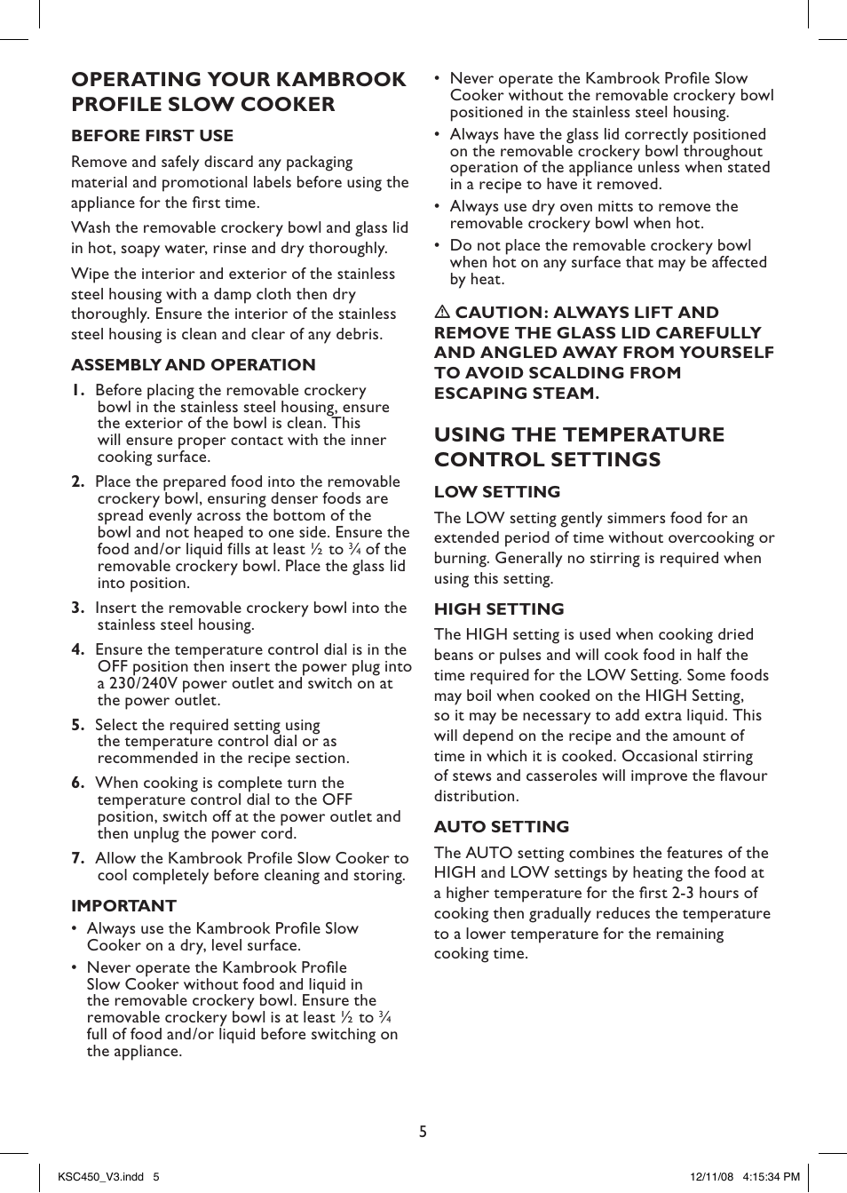 Using the temperature control settings, Operating your kambrook profile slow cooker | Kambrook PROFILE KSC450 User Manual | Page 5 / 20