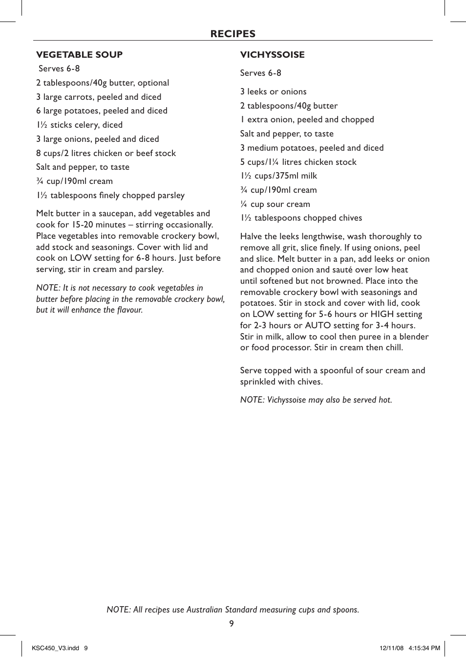 Recipes | Kambrook PROFILE KSC450 User Manual | Page 9 / 20