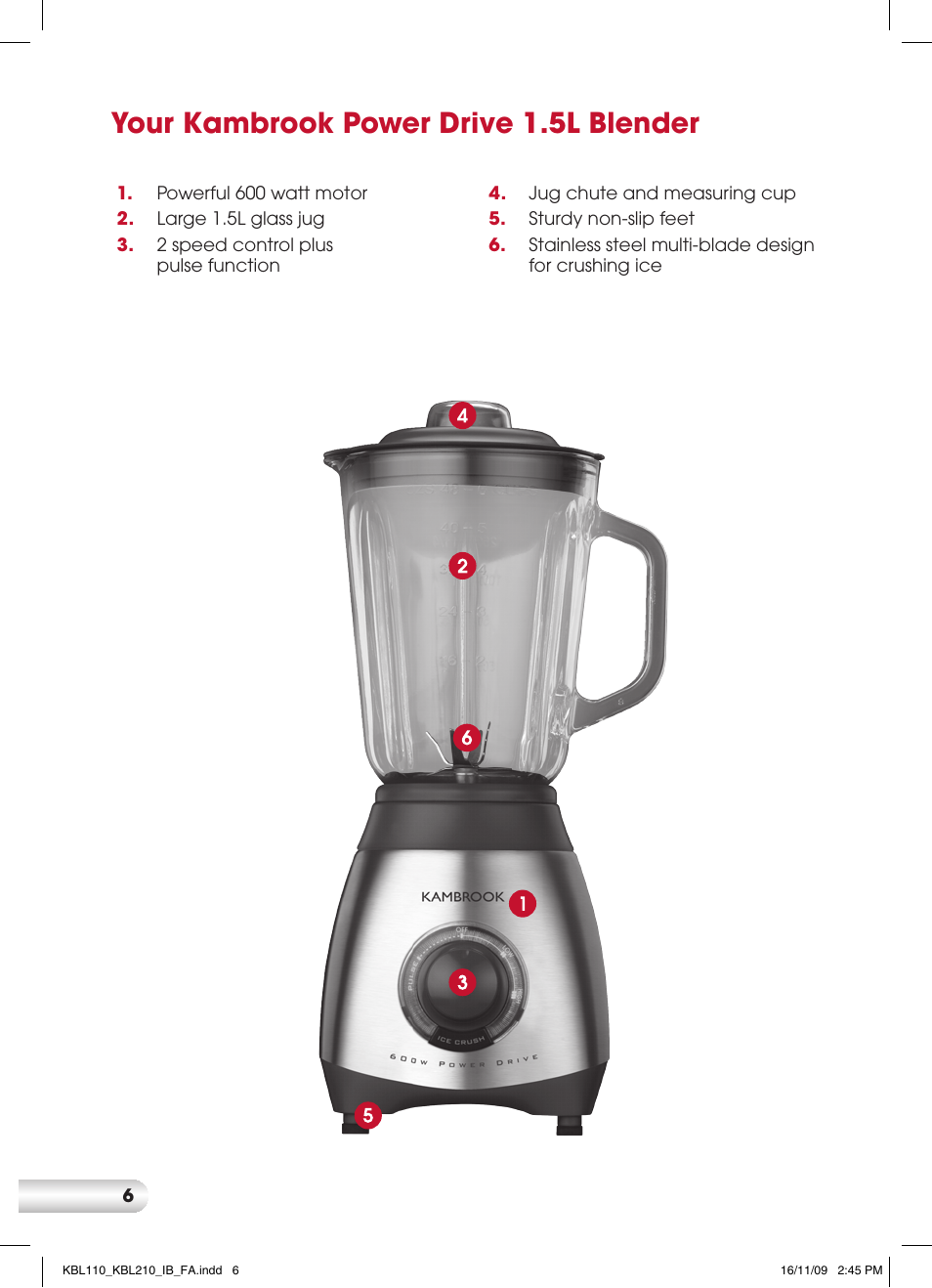 Your kambrook power drive 1.5l blender | Kambrook KBL210 User Manual | Page 6 / 16