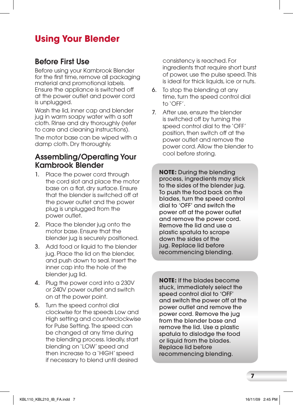 Using your blender, Before first use, Assembling/operating your kambrook blender | Kambrook KBL210 User Manual | Page 7 / 16