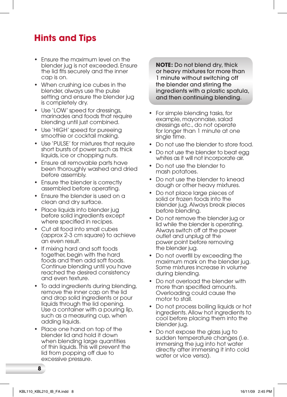 Hints and tips | Kambrook KBL210 User Manual | Page 8 / 16